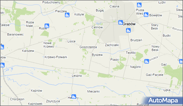 mapa Byszew gmina Grabów, Byszew gmina Grabów na mapie Targeo