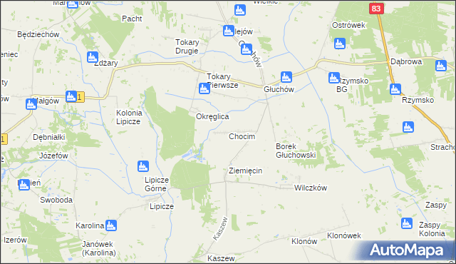 mapa Chocim gmina Kawęczyn, Chocim gmina Kawęczyn na mapie Targeo