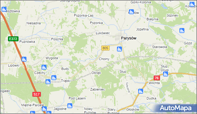 mapa Choiny gmina Parysów, Choiny gmina Parysów na mapie Targeo