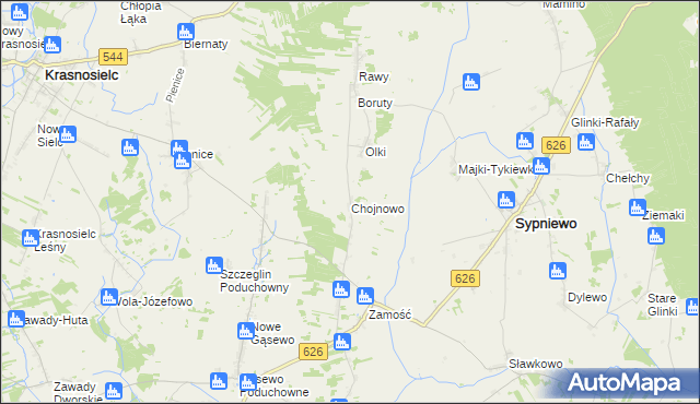 mapa Chojnowo gmina Sypniewo, Chojnowo gmina Sypniewo na mapie Targeo