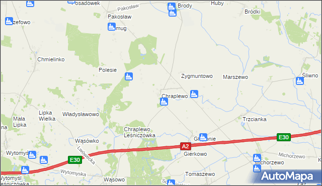 mapa Chraplewo gmina Kuślin, Chraplewo gmina Kuślin na mapie Targeo