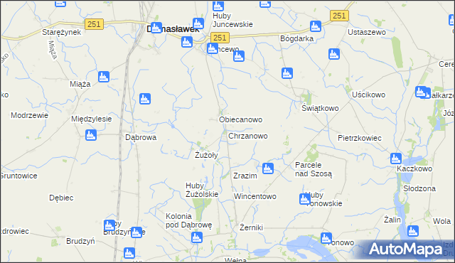 mapa Chrzanowo gmina Janowiec Wielkopolski, Chrzanowo gmina Janowiec Wielkopolski na mapie Targeo