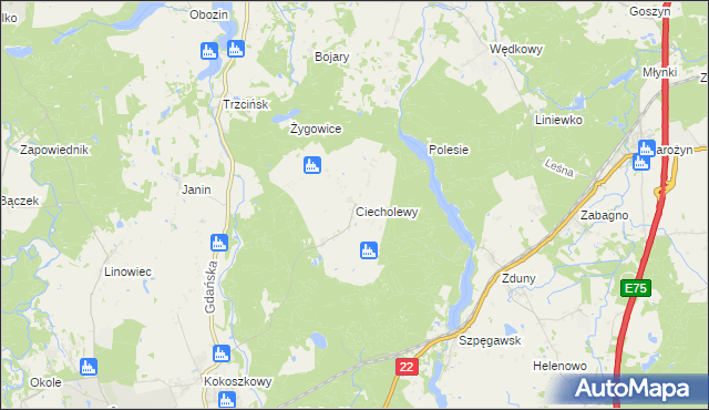 mapa Ciecholewy gmina Starogard Gdański, Ciecholewy gmina Starogard Gdański na mapie Targeo