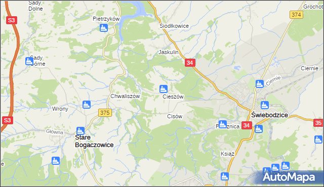 mapa Cieszów gmina Stare Bogaczowice, Cieszów gmina Stare Bogaczowice na mapie Targeo