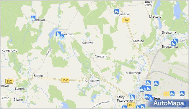 mapa Cieszyno gmina Świdwin, Cieszyno gmina Świdwin na mapie Targeo