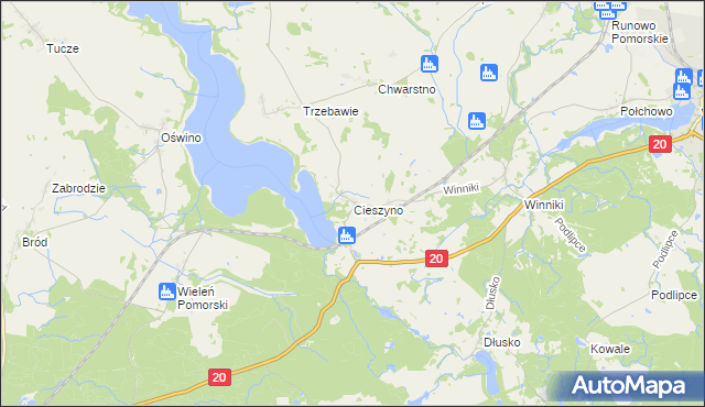 mapa Cieszyno gmina Węgorzyno, Cieszyno gmina Węgorzyno na mapie Targeo