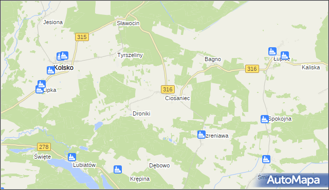 mapa Ciosaniec gmina Sława, Ciosaniec gmina Sława na mapie Targeo