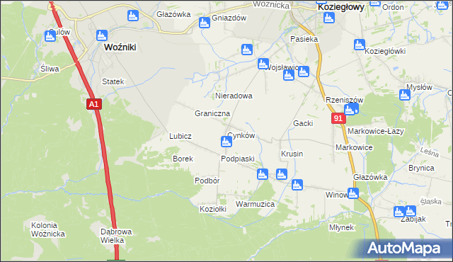 mapa Cynków gmina Koziegłowy, Cynków gmina Koziegłowy na mapie Targeo