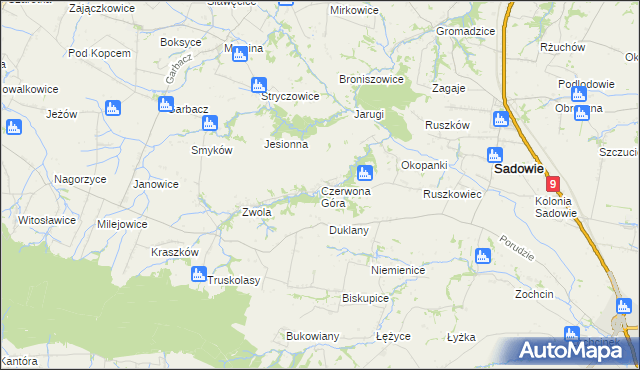 mapa Czerwona Góra gmina Sadowie, Czerwona Góra gmina Sadowie na mapie Targeo