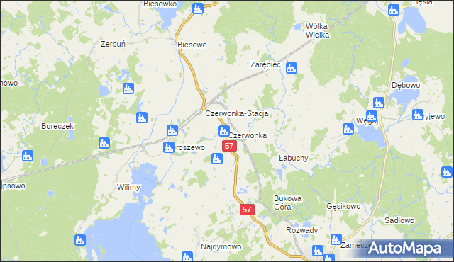 mapa Czerwonka gmina Biskupiec, Czerwonka gmina Biskupiec na mapie Targeo