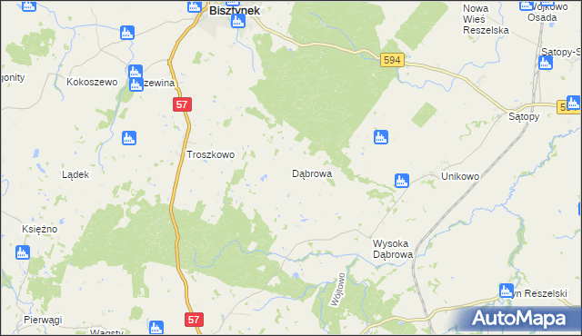 mapa Dąbrowa gmina Bisztynek, Dąbrowa gmina Bisztynek na mapie Targeo