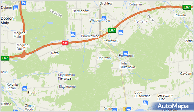 mapa Dąbrowa gmina Dłutów, Dąbrowa gmina Dłutów na mapie Targeo
