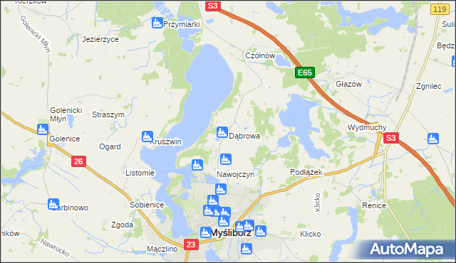 mapa Dąbrowa gmina Myślibórz, Dąbrowa gmina Myślibórz na mapie Targeo