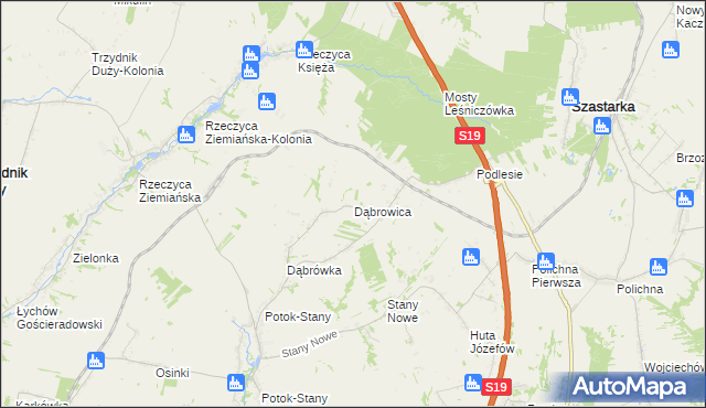 mapa Dąbrowica gmina Potok Wielki, Dąbrowica gmina Potok Wielki na mapie Targeo