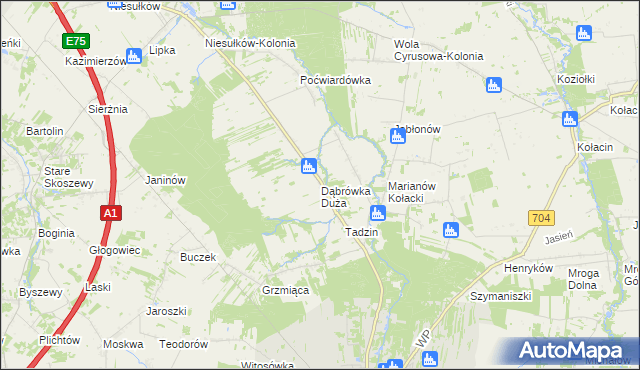 mapa Dąbrówka Duża gmina Brzeziny, Dąbrówka Duża gmina Brzeziny na mapie Targeo