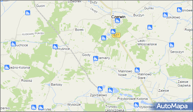 mapa Damiany gmina Czerwin, Damiany gmina Czerwin na mapie Targeo