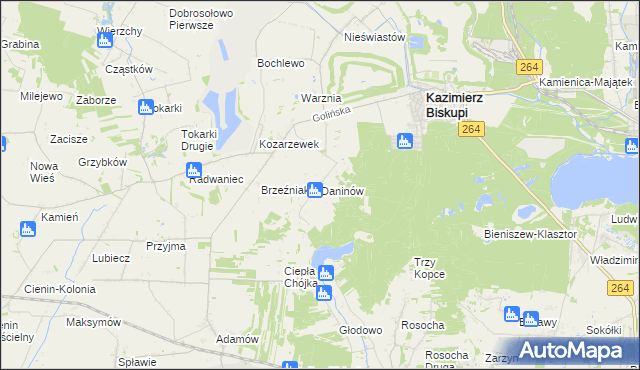 mapa Daninów gmina Kazimierz Biskupi, Daninów gmina Kazimierz Biskupi na mapie Targeo