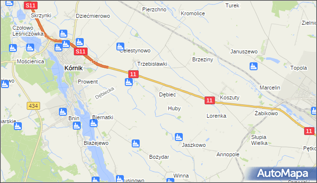 mapa Dębiec gmina Kórnik, Dębiec gmina Kórnik na mapie Targeo