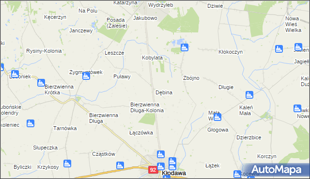 mapa Dębina gmina Kłodawa, Dębina gmina Kłodawa na mapie Targeo