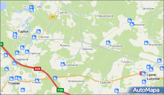 mapa Dębinka gmina Trzebiel, Dębinka gmina Trzebiel na mapie Targeo