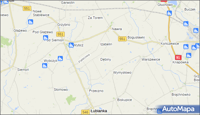 mapa Dębiny gmina Łubianka, Dębiny gmina Łubianka na mapie Targeo
