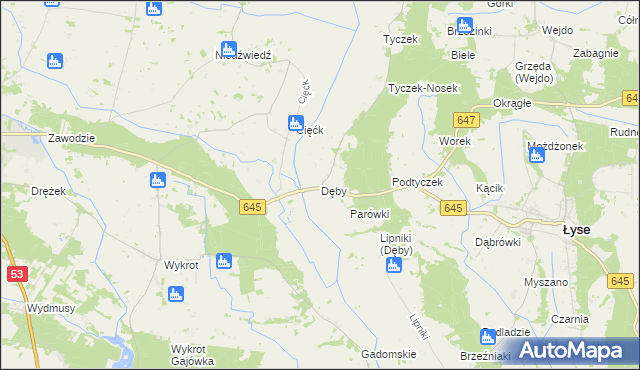 mapa Dęby gmina Łyse, Dęby gmina Łyse na mapie Targeo