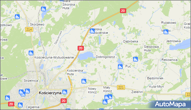 mapa Dobrogoszcz gmina Kościerzyna, Dobrogoszcz gmina Kościerzyna na mapie Targeo