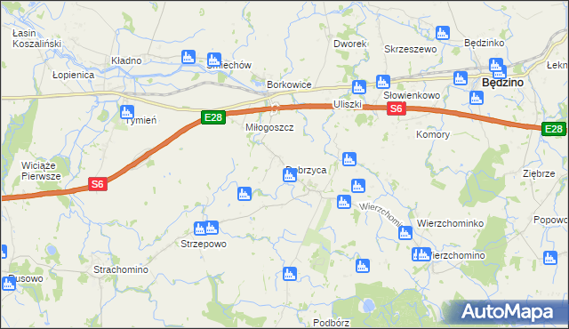 mapa Dobrzyca gmina Będzino, Dobrzyca gmina Będzino na mapie Targeo