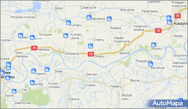 mapa Dolany gmina Koszyce, Dolany gmina Koszyce na mapie Targeo