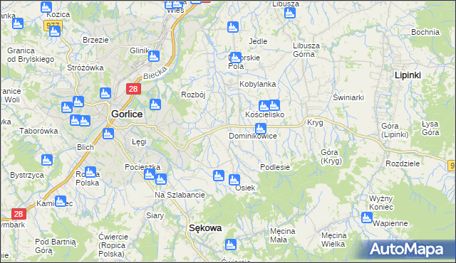 mapa Dominikowice gmina Gorlice, Dominikowice gmina Gorlice na mapie Targeo
