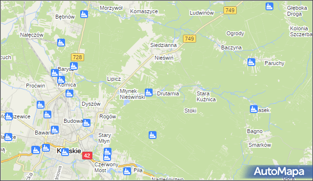 mapa Drutarnia gmina Końskie, Drutarnia gmina Końskie na mapie Targeo