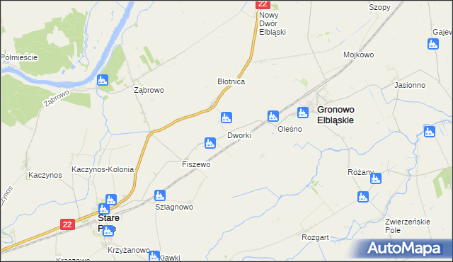 mapa Dworki gmina Gronowo Elbląskie, Dworki gmina Gronowo Elbląskie na mapie Targeo