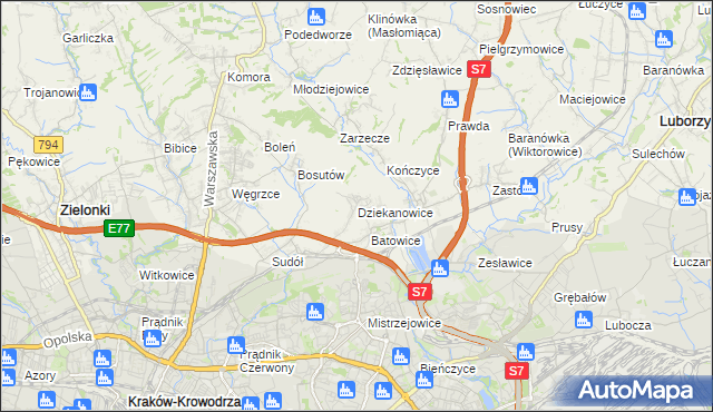 mapa Dziekanowice gmina Zielonki, Dziekanowice gmina Zielonki na mapie Targeo