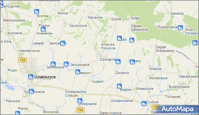 mapa Dzierążnia gmina Działoszyce, Dzierążnia gmina Działoszyce na mapie Targeo