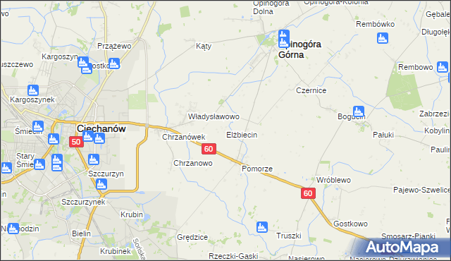 mapa Elżbiecin gmina Opinogóra Górna, Elżbiecin gmina Opinogóra Górna na mapie Targeo