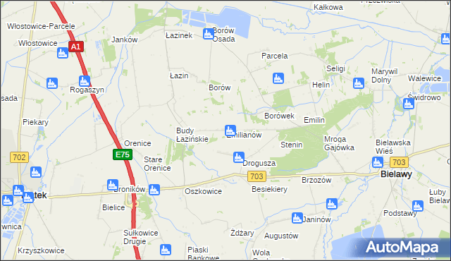 mapa Emilianów gmina Bielawy, Emilianów gmina Bielawy na mapie Targeo