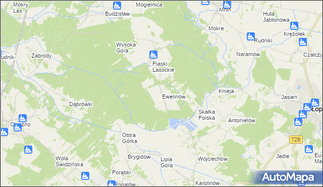 mapa Ewelinów gmina Łopuszno, Ewelinów gmina Łopuszno na mapie Targeo