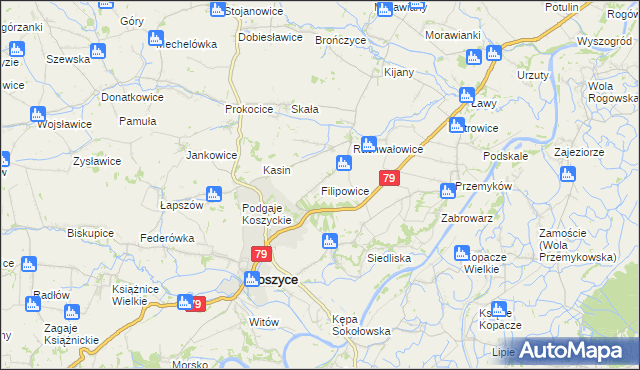 mapa Filipowice gmina Koszyce, Filipowice gmina Koszyce na mapie Targeo