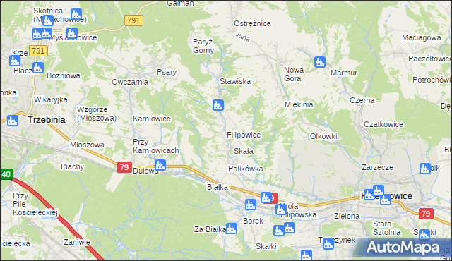 mapa Filipowice gmina Krzeszowice, Filipowice gmina Krzeszowice na mapie Targeo