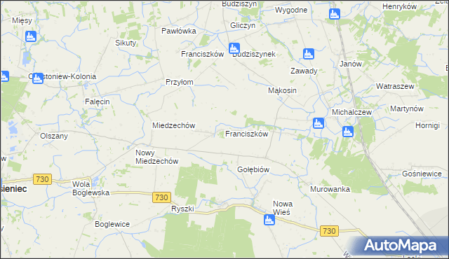 mapa Franciszków gmina Jasieniec, Franciszków gmina Jasieniec na mapie Targeo