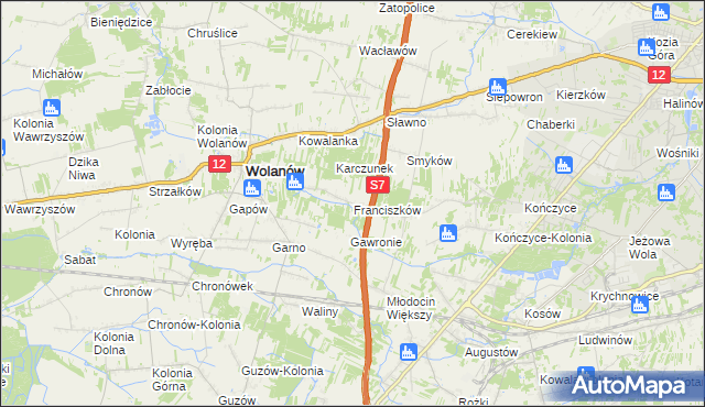 mapa Franciszków gmina Wolanów, Franciszków gmina Wolanów na mapie Targeo