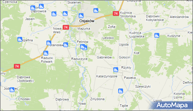 mapa Gabrielów gmina Osjaków, Gabrielów gmina Osjaków na mapie Targeo