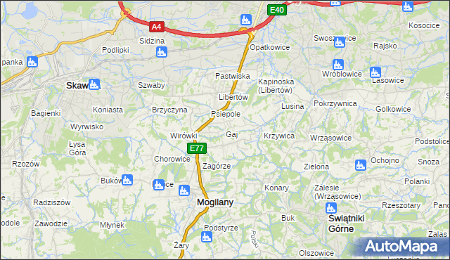 mapa Gaj gmina Mogilany, Gaj gmina Mogilany na mapie Targeo