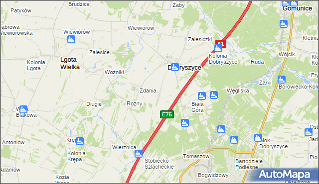 mapa Galonki gmina Dobryszyce, Galonki gmina Dobryszyce na mapie Targeo
