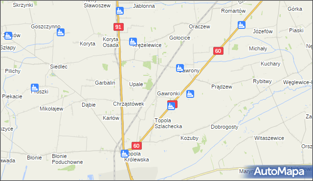 mapa Gawronki gmina Łęczyca, Gawronki gmina Łęczyca na mapie Targeo