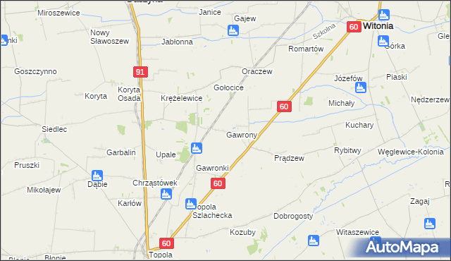 mapa Gawrony gmina Łęczyca, Gawrony gmina Łęczyca na mapie Targeo