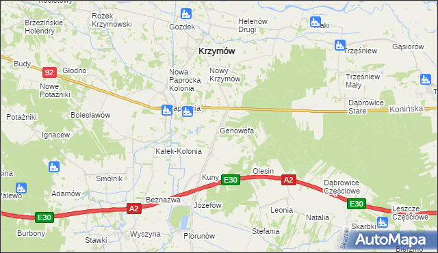 mapa Genowefa gmina Krzymów, Genowefa gmina Krzymów na mapie Targeo