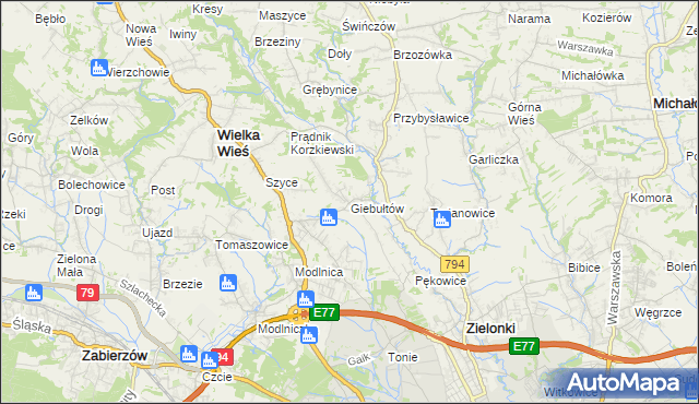 mapa Giebułtów gmina Wielka Wieś, Giebułtów gmina Wielka Wieś na mapie Targeo