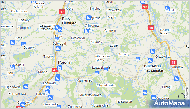 mapa Gliczarów Górny, Gliczarów Górny na mapie Targeo