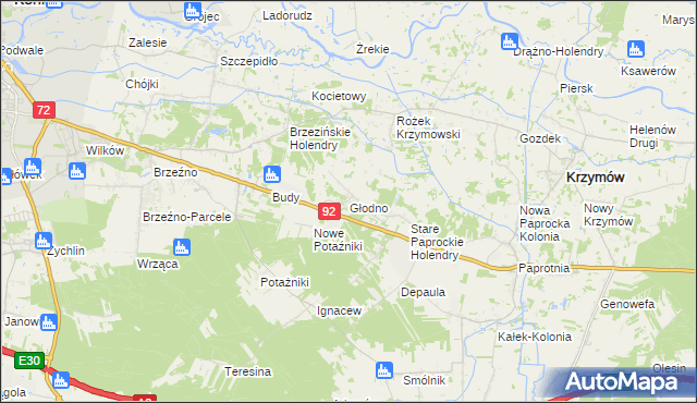 mapa Głodno gmina Krzymów, Głodno gmina Krzymów na mapie Targeo